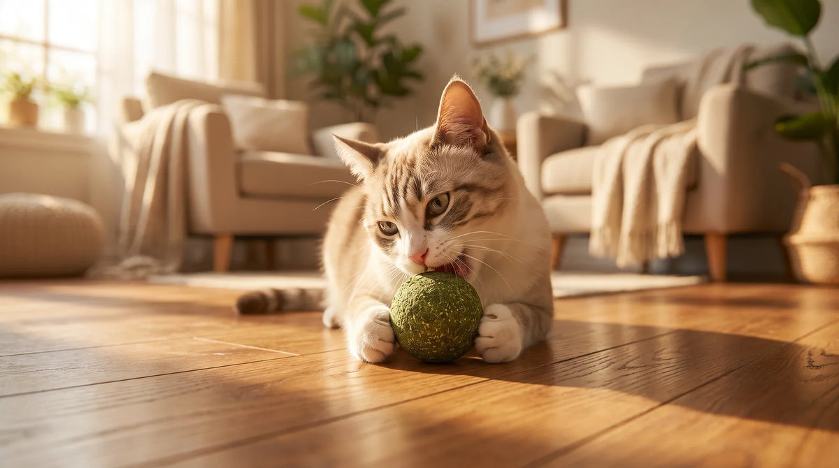 Cat chewing a natural silvervine stick toy beside shredded plush toys and a coiled cable