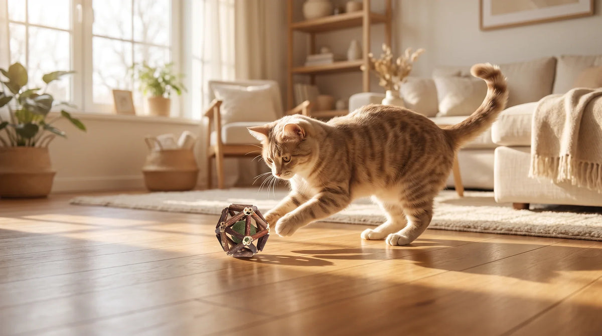 An indoor cat lying beside natural catnip and silvervine toys, including a caterpillar kicker and a silvervine chew stick