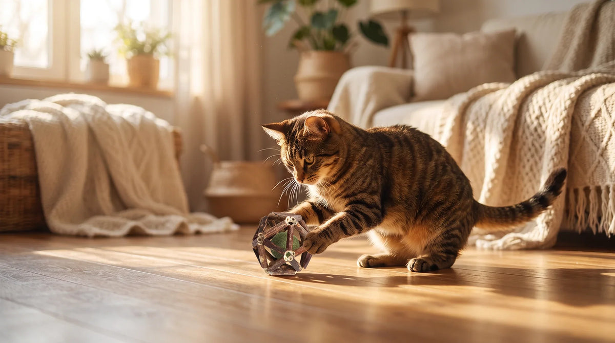 A cat rolling on its side next to a silvervine fishbone toy on a hardwood floor