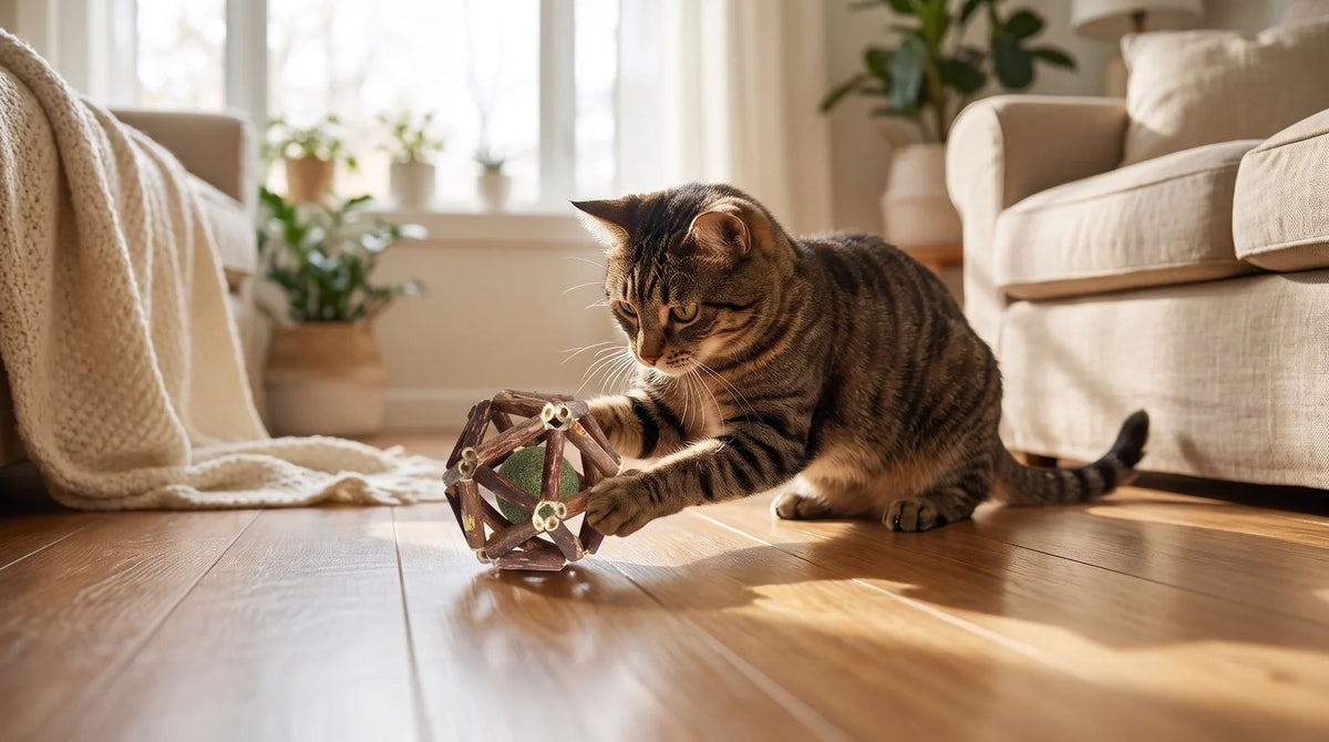 A calm cat resting beside a Purromp catnip and silvervine ball on a soft blanket