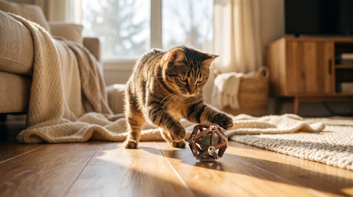 Cat batting a rolling cat ball toy across a hard floor in a living room