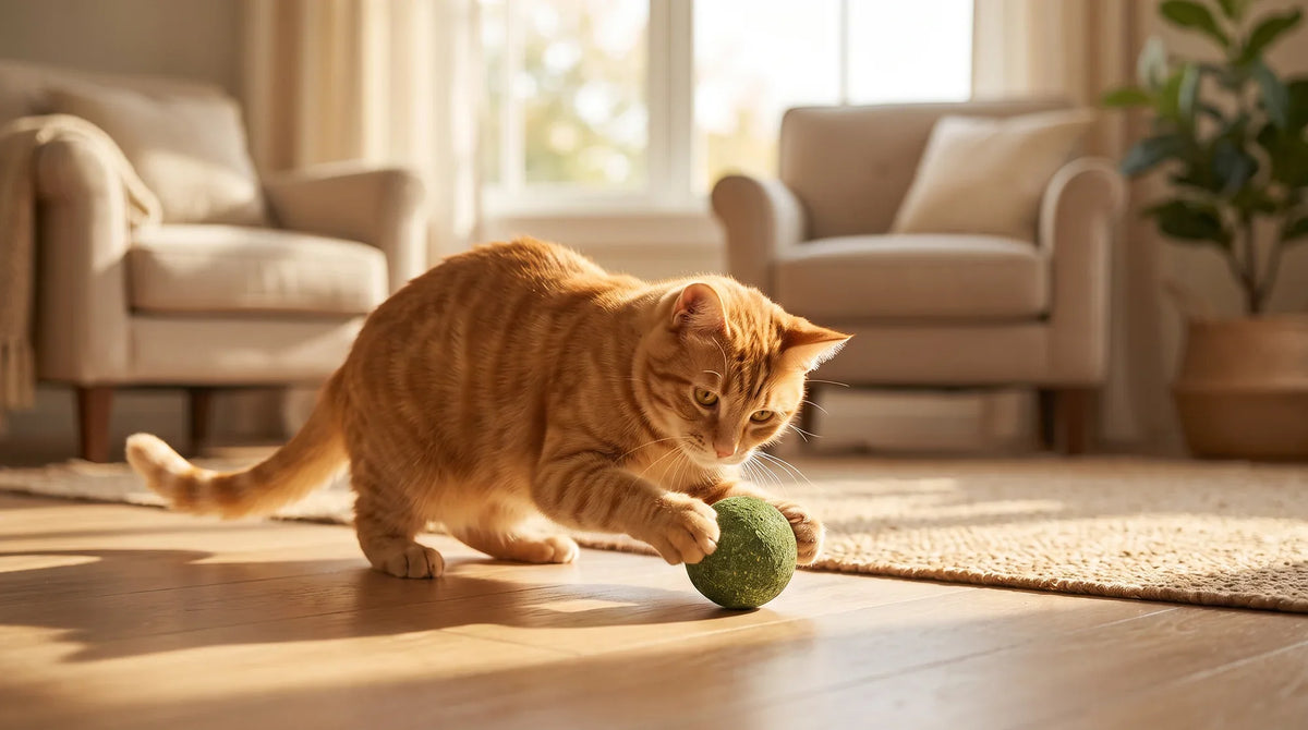 Cat lying on a rug chewing a silvervine stick chew toy while holding it with both front paws