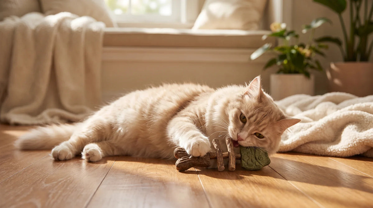 A cat chewing a silvervine stick beside a long kicker pillow and a feather wand toy on a living room floor