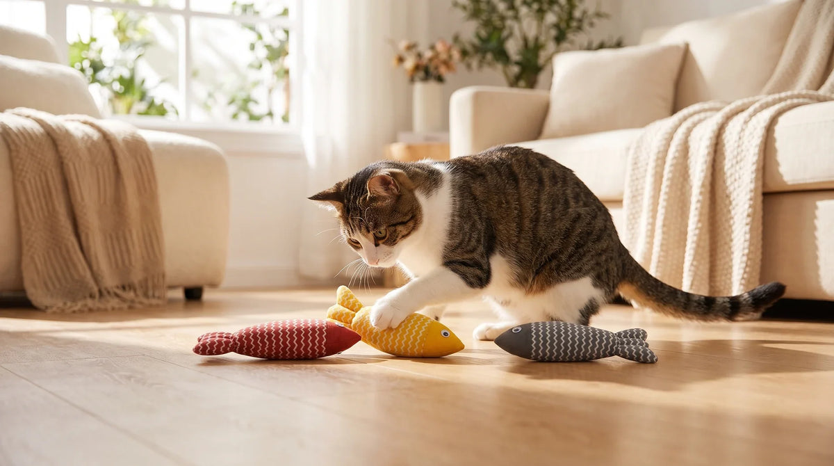 A cat hugging a plush cat fish toy with both front paws while kicking it