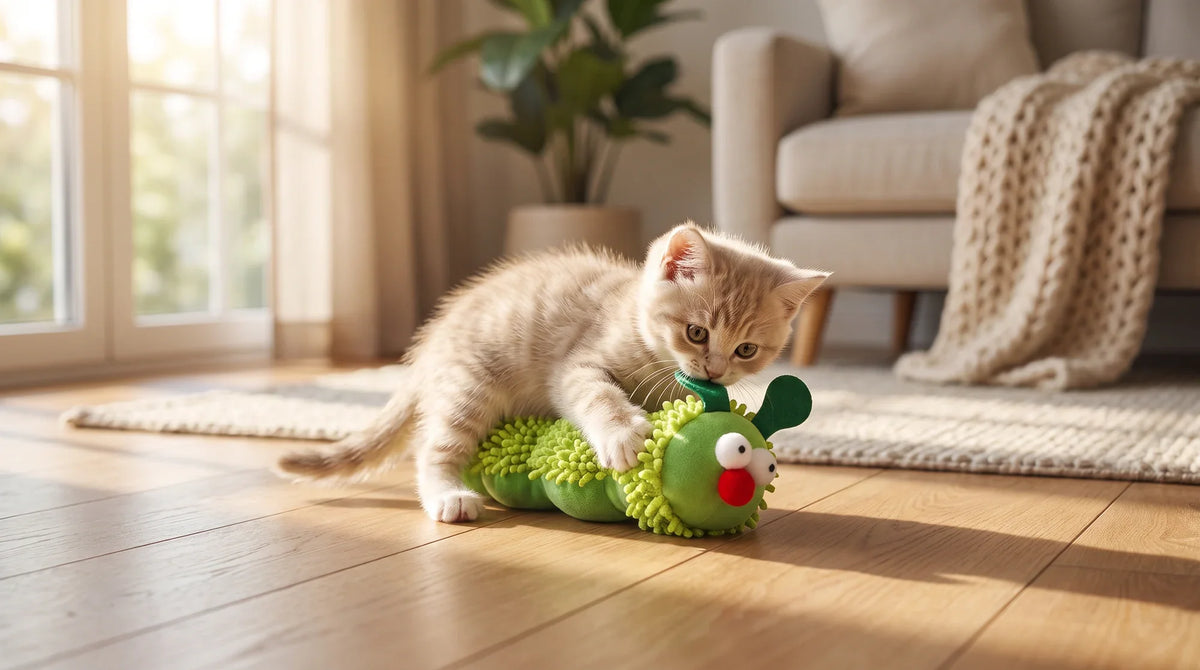 A kitten wrapping both front paws around a long plush cat kicker toy and kicking it with her back feet