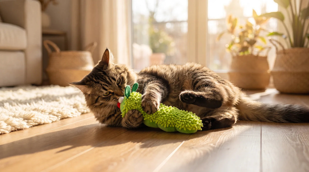 A cat lying on its back gripping a plush kicker toy with its front paws while kicking it with its hind legs