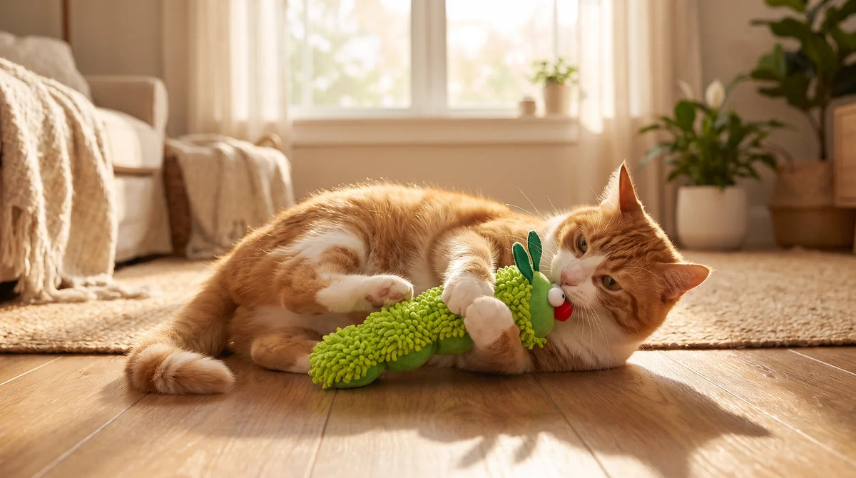 A large cat gripping a plush kicker toy with both front paws while kicking it with its hind legs