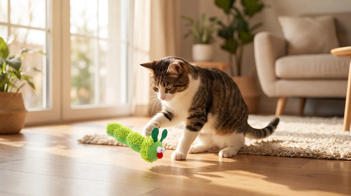 A cat lying on its side gripping a plush kicker toy with both front paws, back legs ready to kick