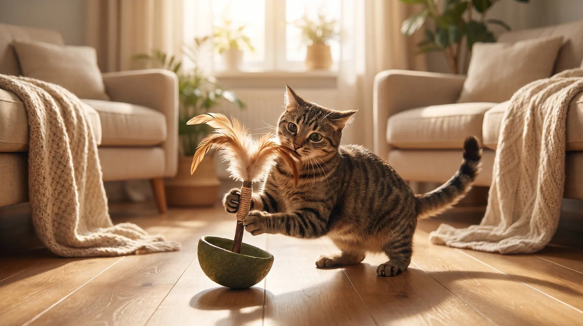 Cat with dilated pupils gripping a plush catnip pillow toy with both front paws during an energetic play session