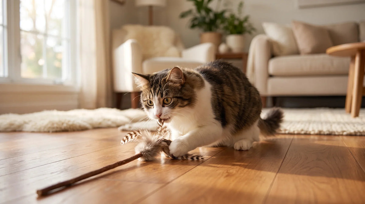 A cat nibbling the corner of a plastic wrapper beside safe chew alternatives such as silvervine sticks on a light floor