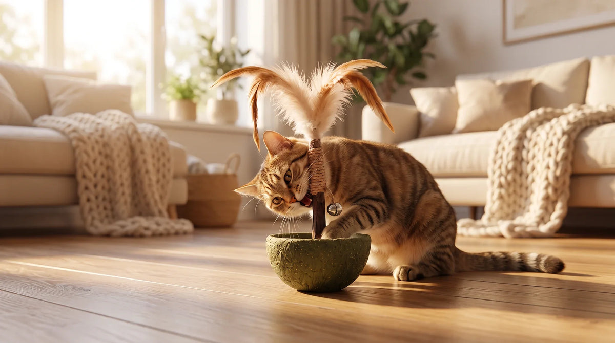 Kitten gnawing on a soft washable teething toy during a teething phase