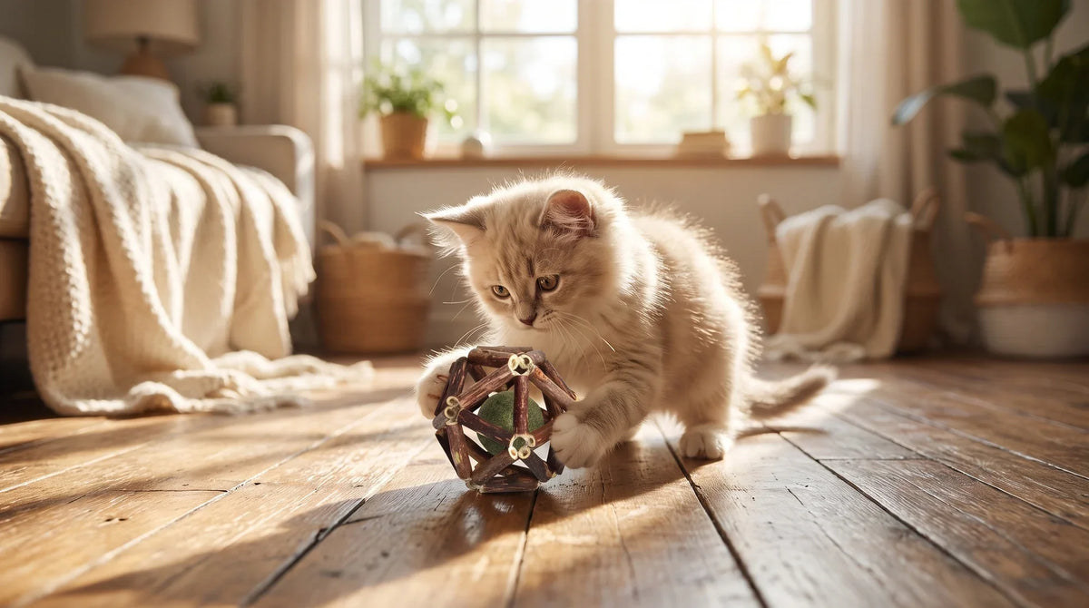 A young kitten batting at a soft fabric toy on a living room floor