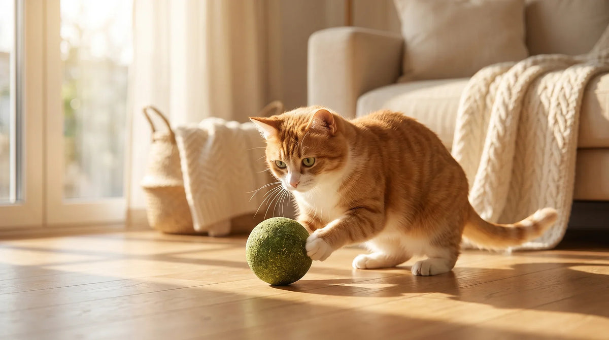 Two cats playing with separate catnip toys on a living room floor