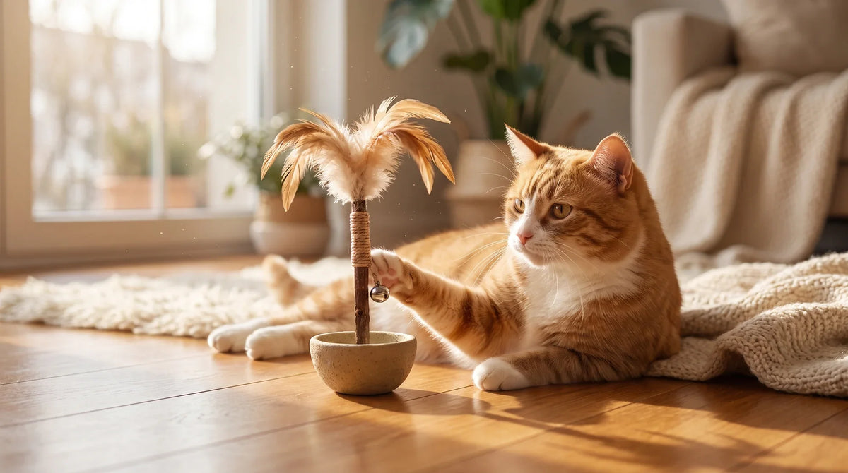 A senior cat lying on a rug batting at a soft catnip pillow toy placed beside a wobbler toy