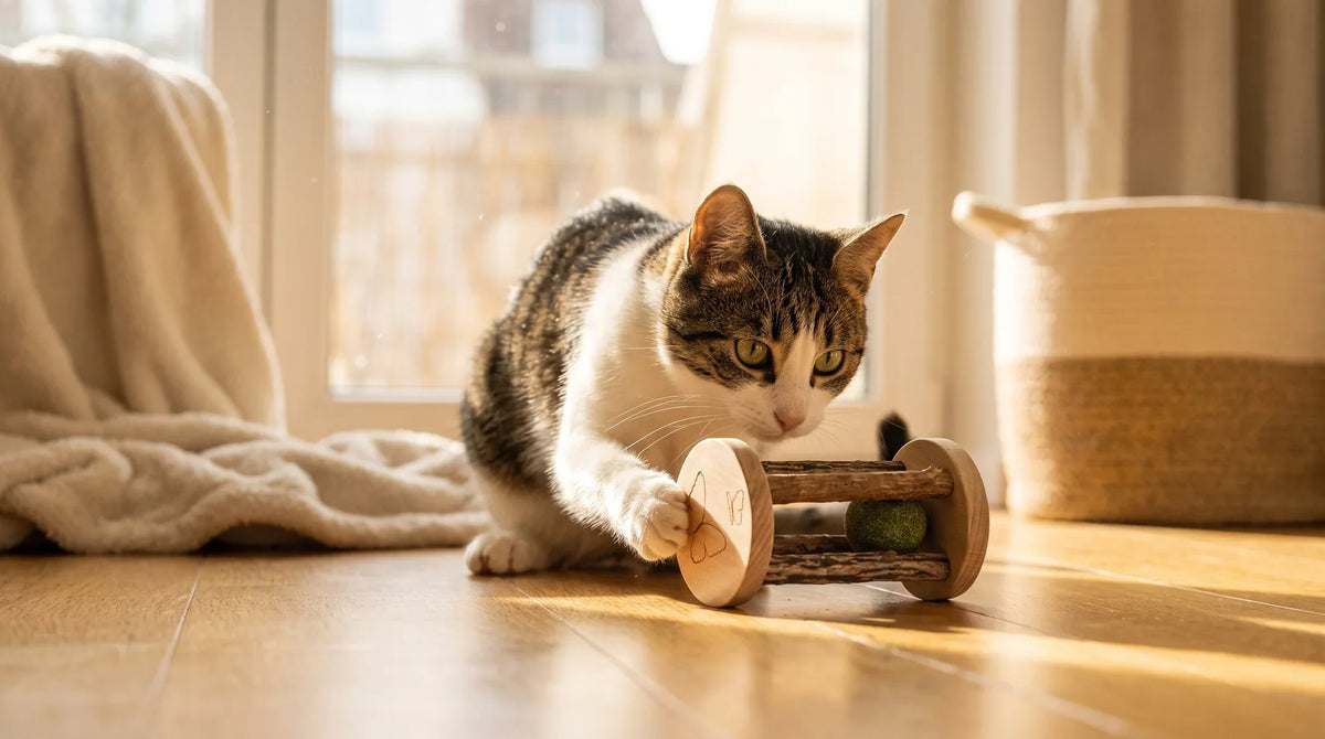 A shy cat watching a quiet catnip roller toy from beside a cardboard box on the floor