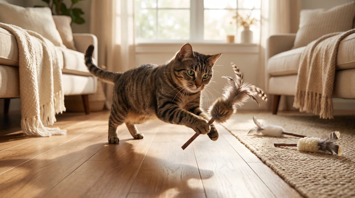 Cat crouched low and watching a cat wand toy during an indoor play session on a carpeted floor