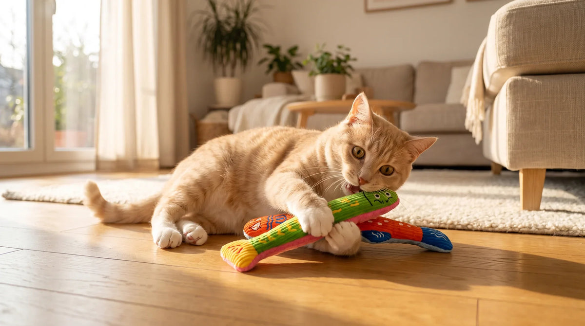 A cat rolling on scattered dried catnip next to a silver vine stick and a plush catnip toy