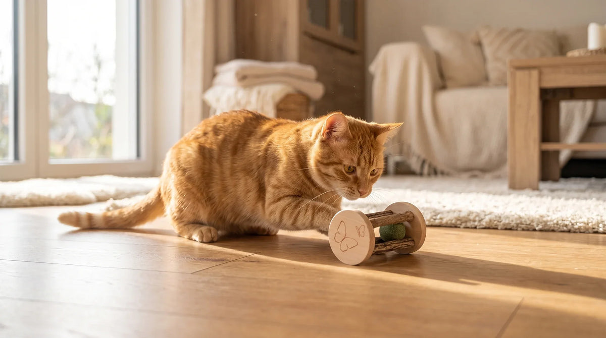 Cat batting at a silvervine toy next to a bottle of catnip spray on a rug