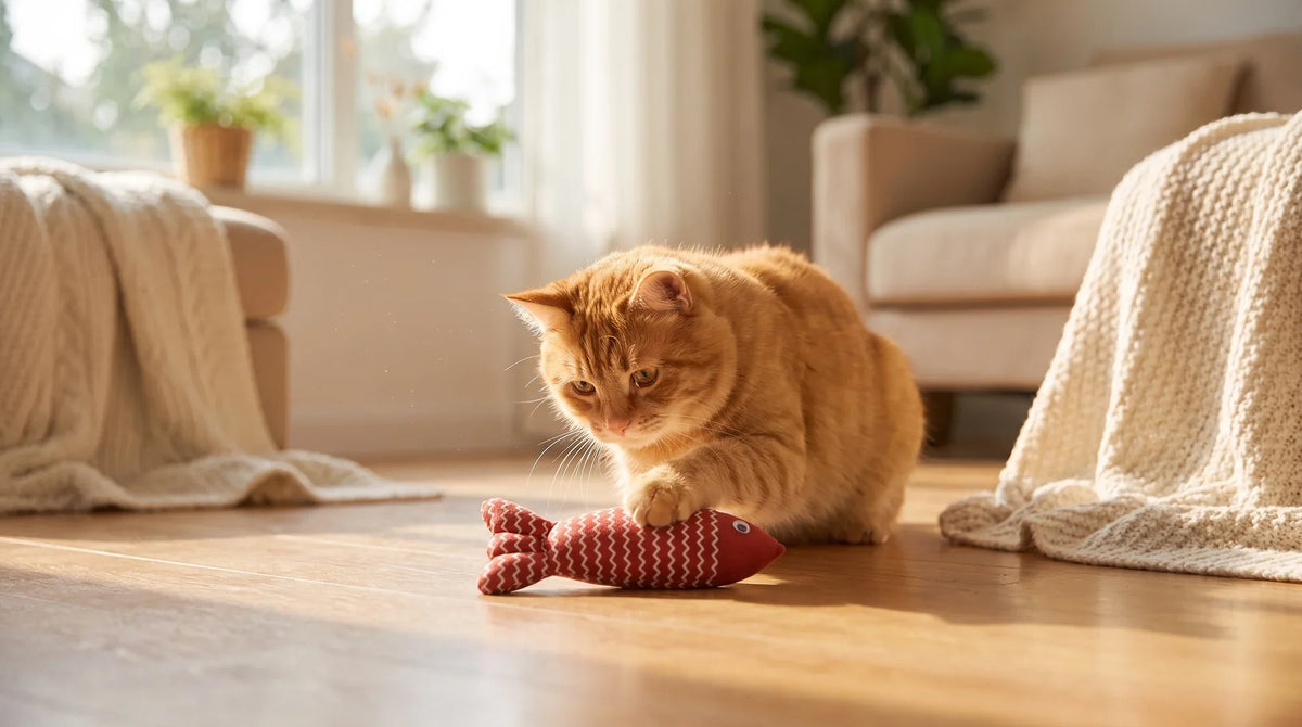 Cat batting at a plush catnip toy on a living room floor