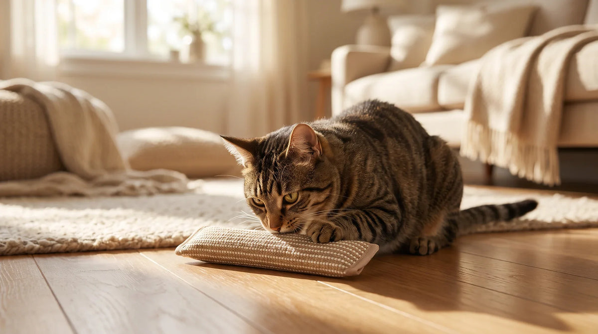 Orange tabby cat biting a silvervine stick while a catnip toy sits nearby on the floor
