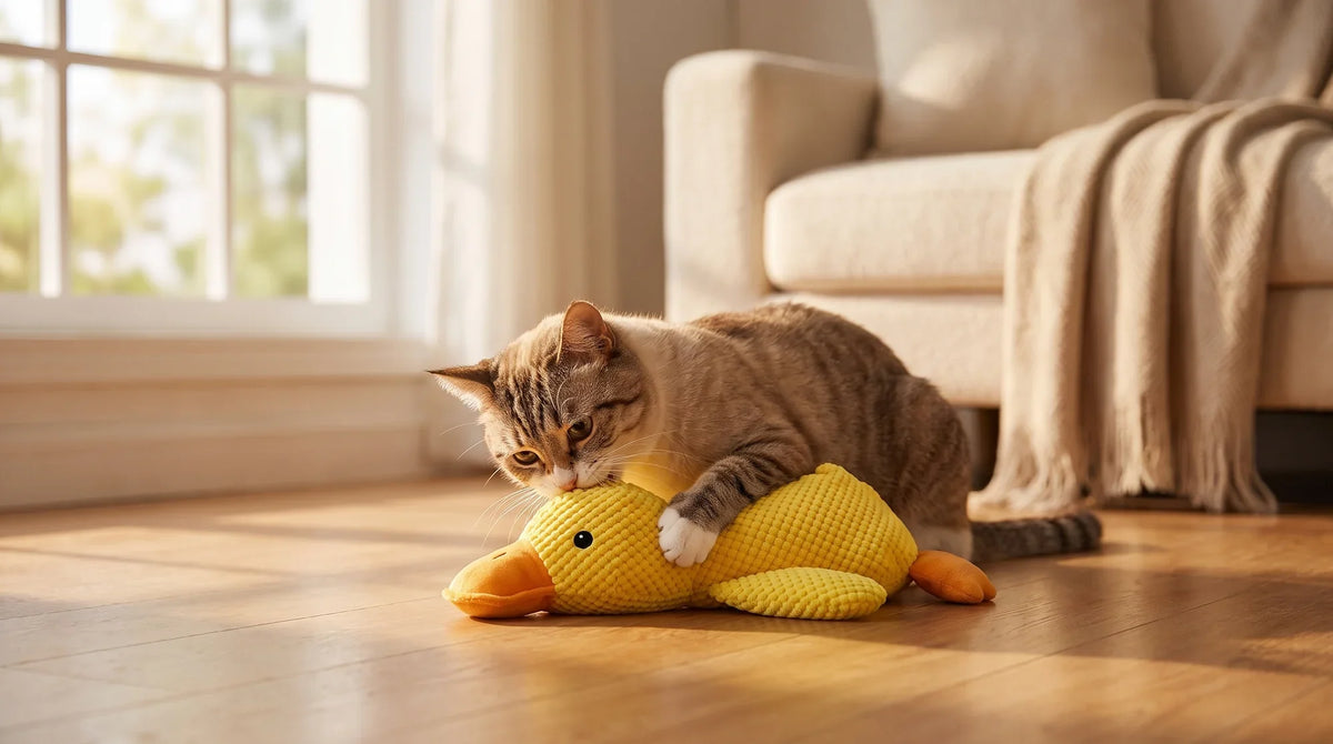 Cat grabbing and bunny-kicking a crinkle cat toy on a living room floor