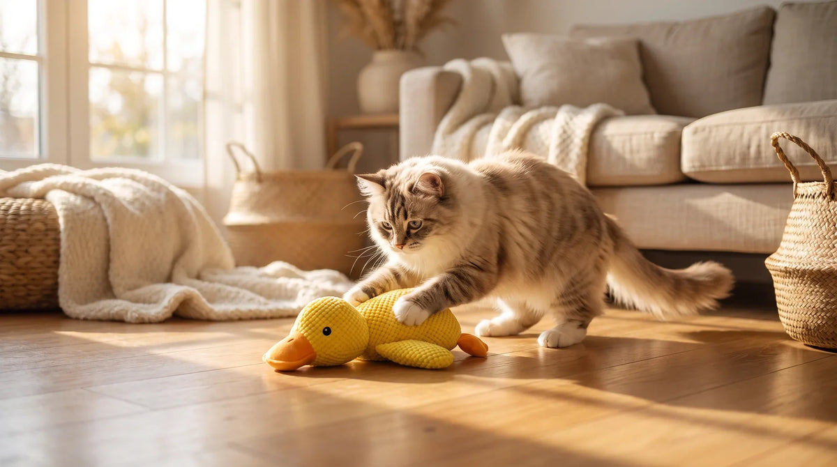 A cat batting at a small plush catnip toy on a living room floor