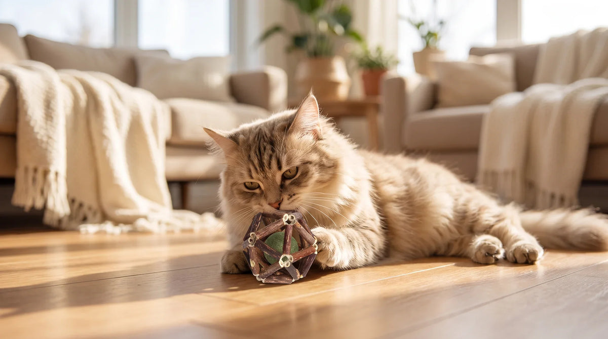 A cat lying down and chewing on a narrow fishbone-shaped dental cat toy held between its front paws
