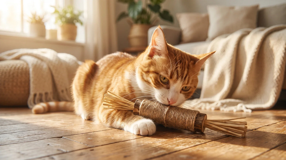 A cat chewing on a silvervine stick