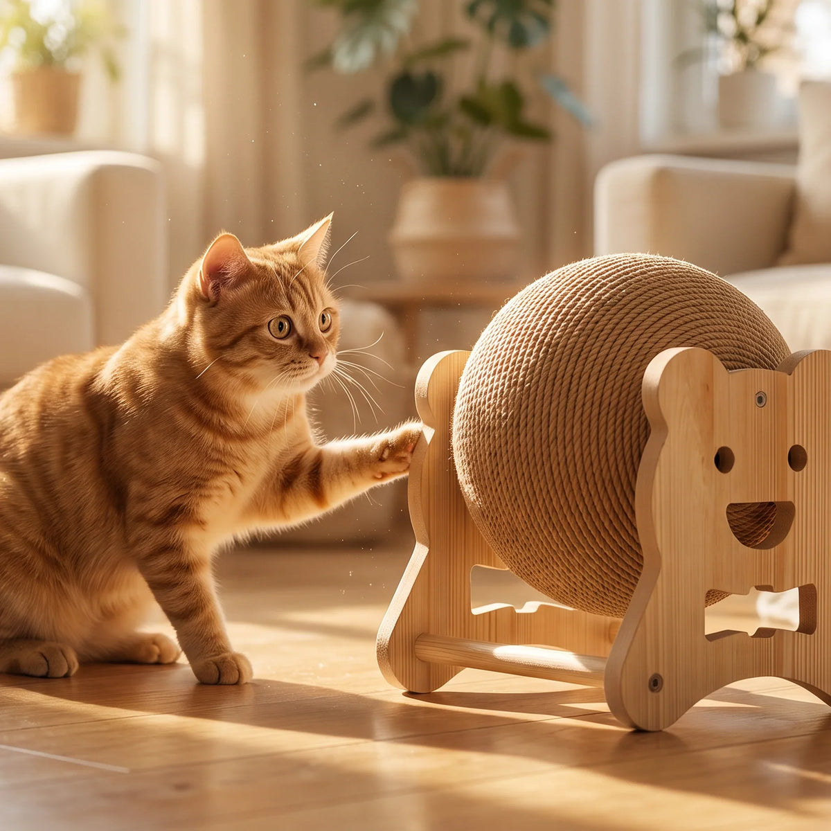 A shy cat peeking out from a hiding spot toward a soft catnip kicker toy placed nearby