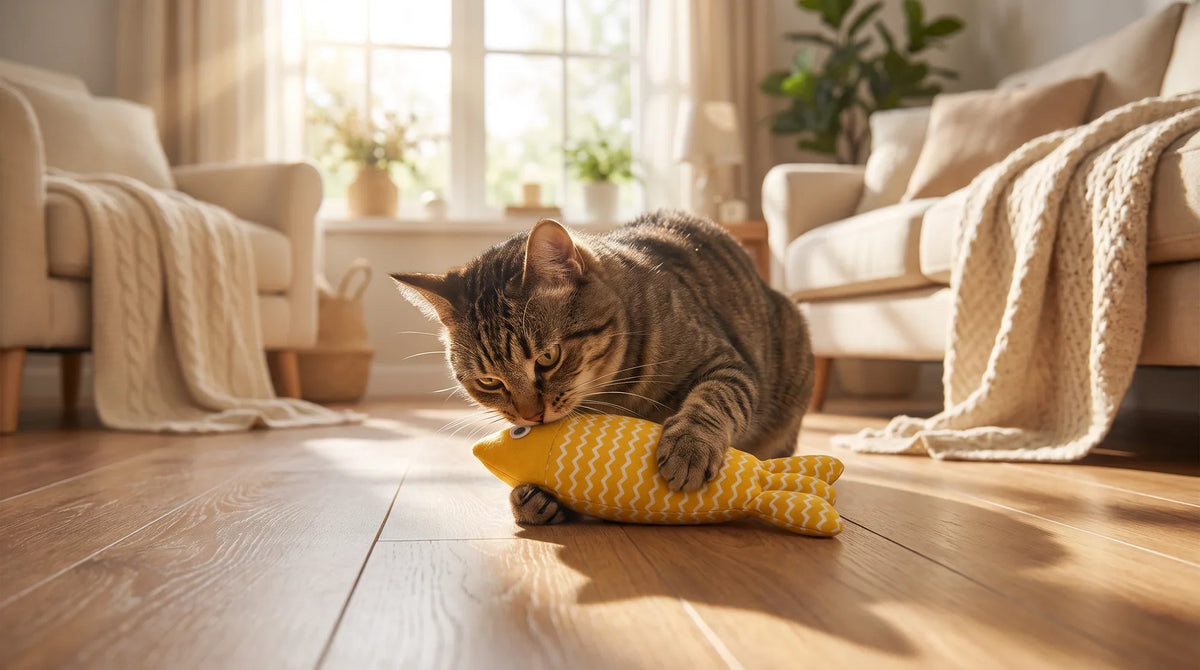 Cat holding a fabric chew toy between its front paws while biting the corner