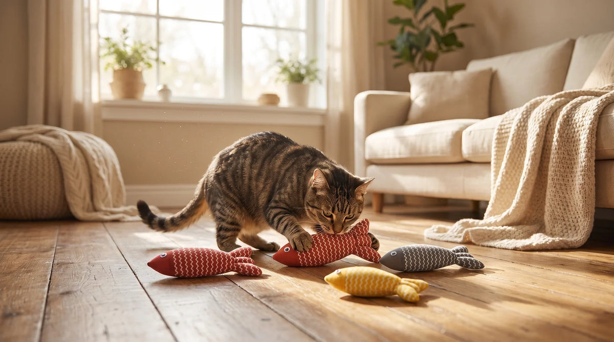 A plush catnip fish toy being wiped clean with a damp cloth, with dried catnip and a silver vine wood toy beside it