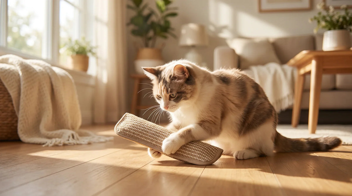 Cat batting at a natural silvervine fishbone toy on a rug