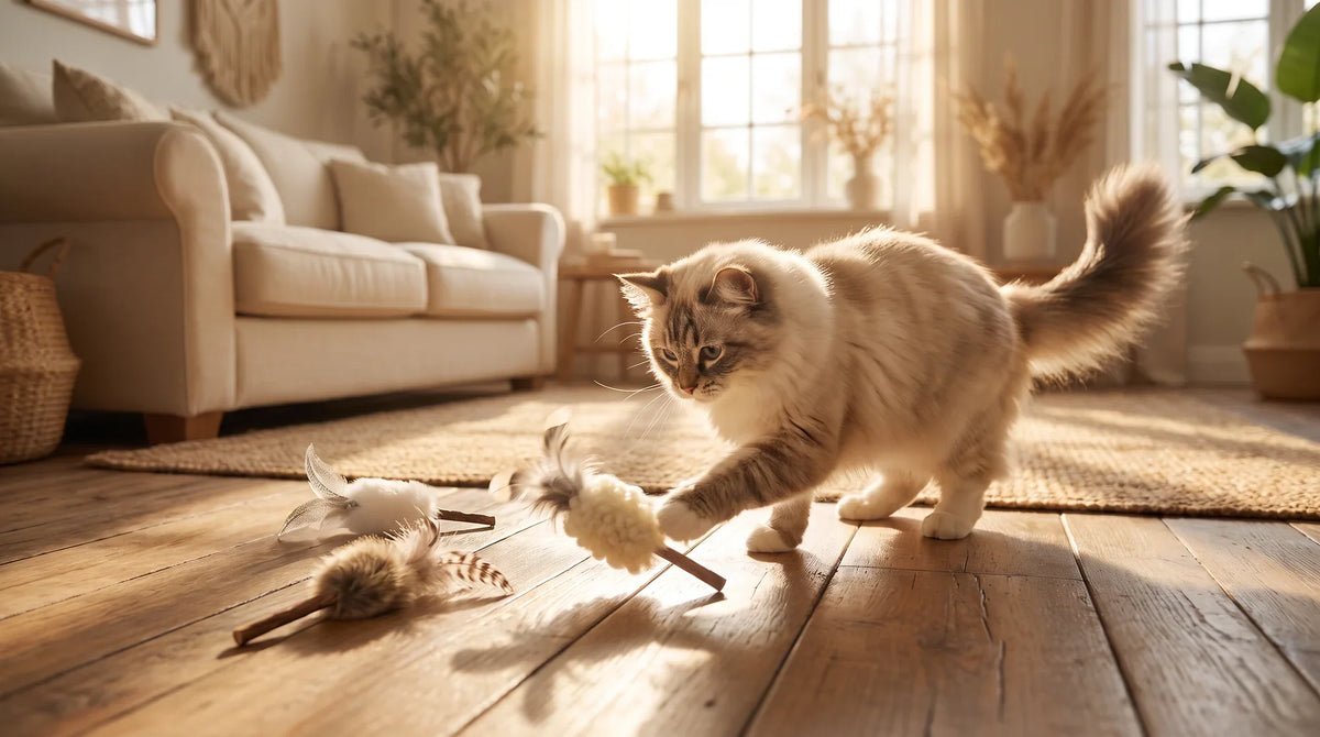 A cat sniffing a plush catnip toy beside its printed packaging label