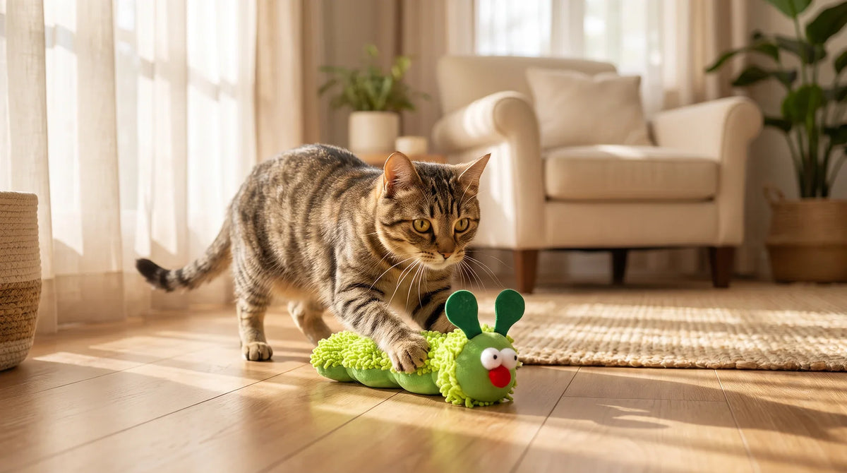 A cat hugging a plush kicker toy with both front paws while kicking it with its hind legs