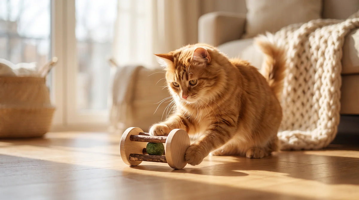 A cat next to a covered cable channel and a silver vine chew stick on a living room floor