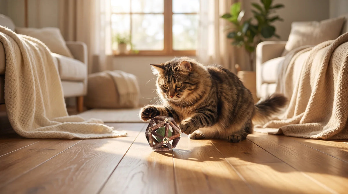 A sealed glass jar of catnip toys on a shelf beside a plush cat toy and a cat sniffing it