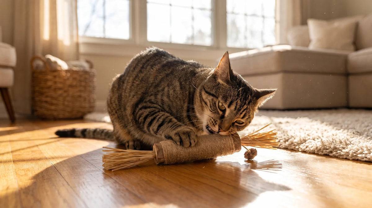 Silvervine powder for cats sprinkled along a plush toy seam beside a silvervine stick on a wooden floor