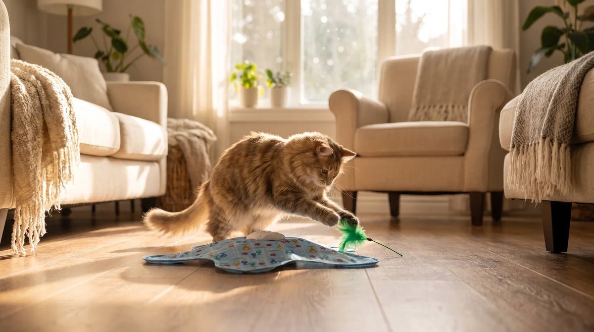 A cat batting at an automatic teaser ball on a rug in a small UK flat, with a wand toy resting nearby