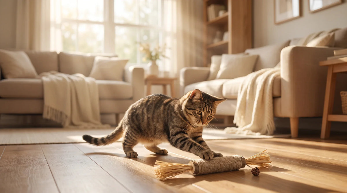 A cat rubbing its face against a silvervine stick toy while lying on a rug