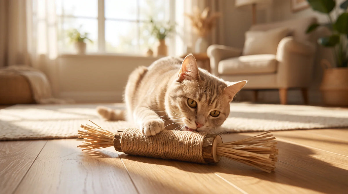 A cat biting a silvervine wood stick, with jute, burlap and cotton natural cat toys beside it