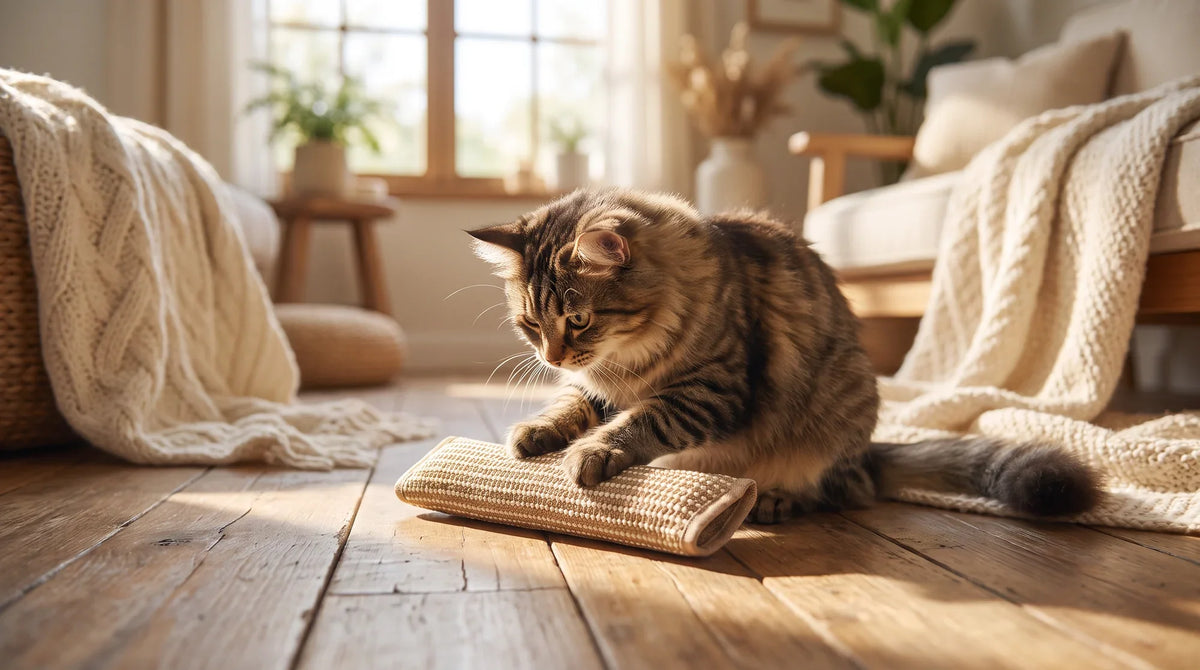 A cat rubbing its cheek against a dried matatabi silvervine stick next to a small dish of silvervine powder on a wooden floor