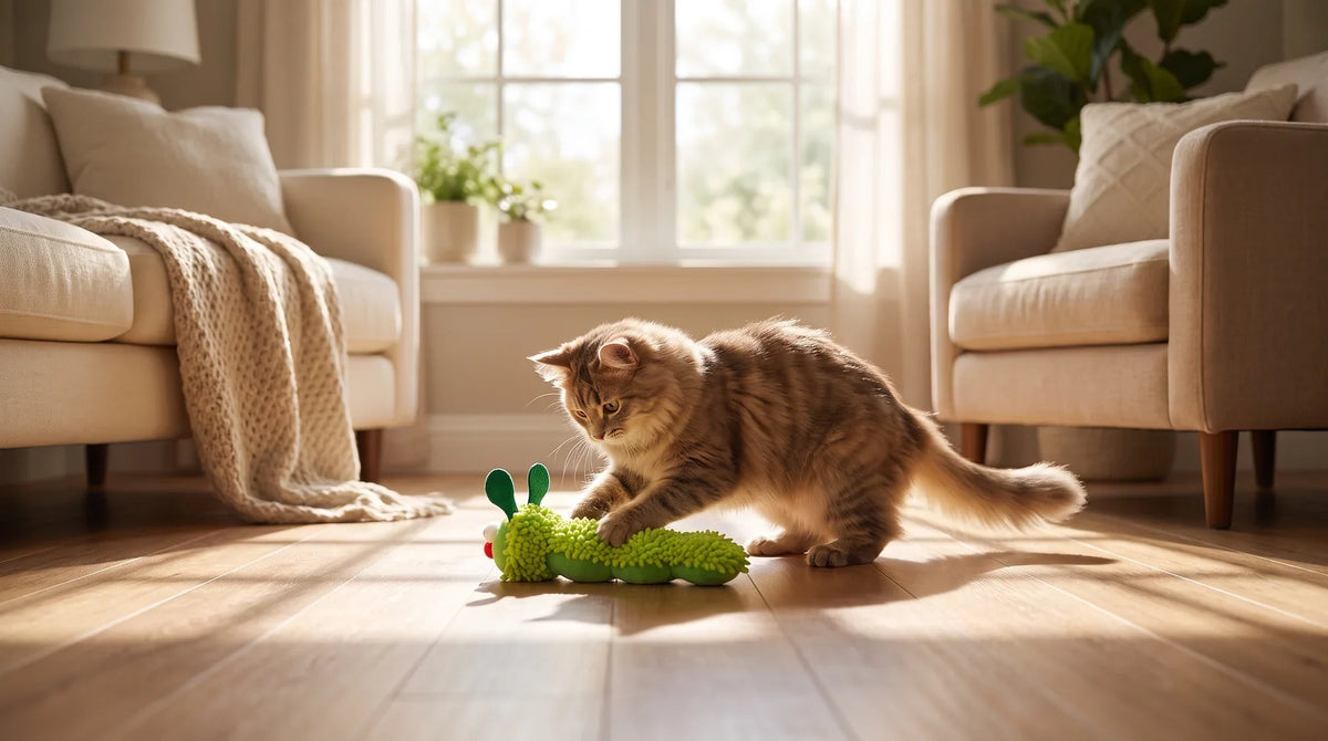 A cat batting at a natural fiber cat toy filled with catnip on a wooden floor