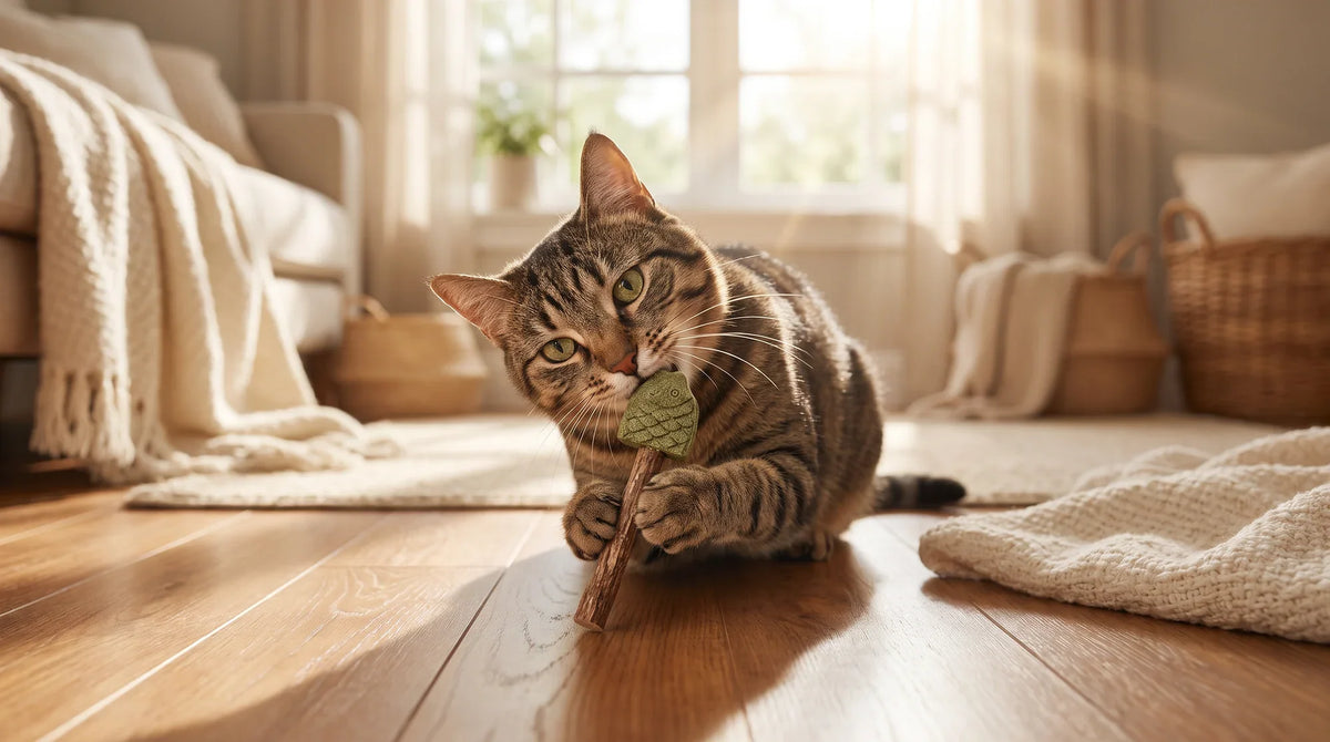 Cat sniffing and mouthing a natural catnip toy during a supervised play session