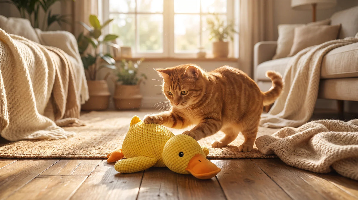 A cat batting a rolling battery operated toy while a catnip kicker sits nearby on a living room floor