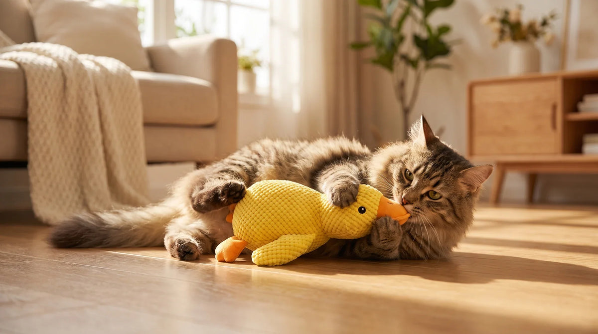 Cat hugging a soft plush cat toy and kicking it with her back feet