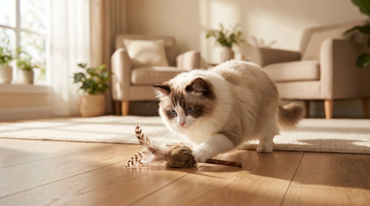 A Ragdoll cat lying on a rug, batting at a plush catnip pillow toy with one paw