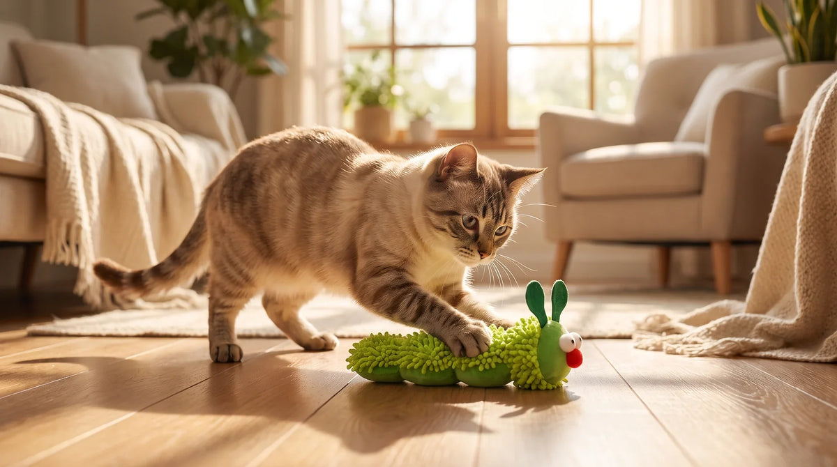 A cat rubbing its cheek against a dried silvervine stick on a living room floor