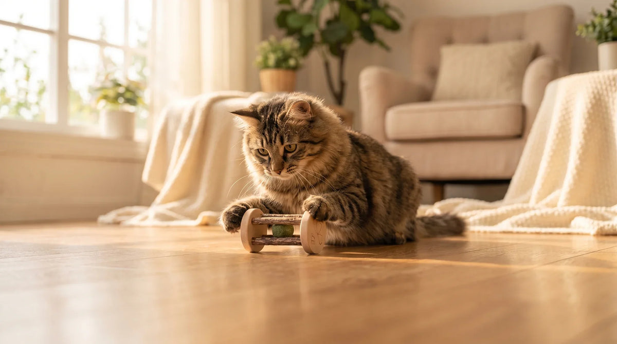 Cat batting a silvervine rolling cat toy across a hardwood floor while a wobbler toy sits nearby