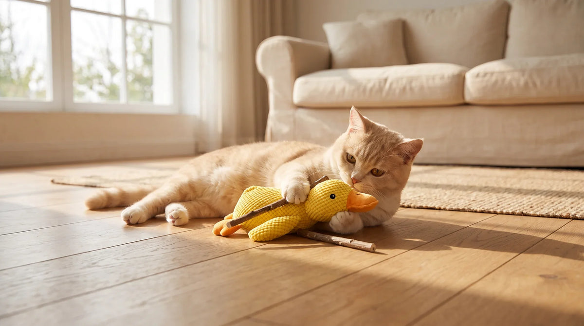 Cat rubbing its cheek against a silvervine stick on a living room floor