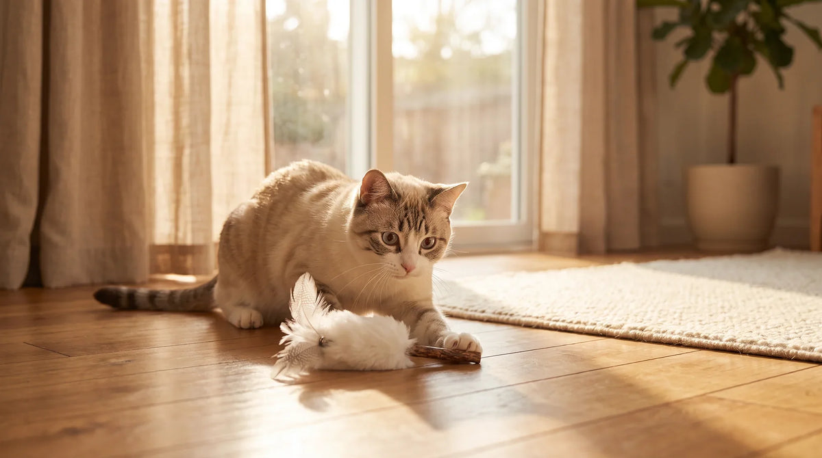 A cat batting at silvervine toys: a wooden stick, a gall-filled ball, and a blended fishbone toy on a pale floor